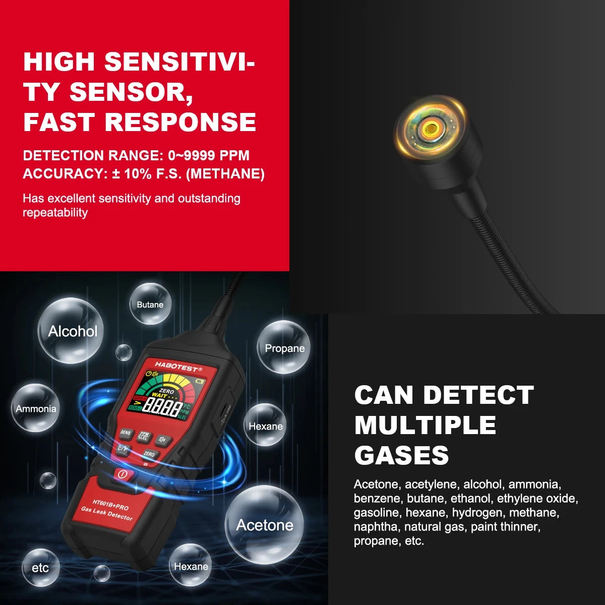 Portable Combustible Gas Leak Detector with Flexible Probe