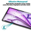 A close-up of a smartphone screen protector demonstrating hydrophobic coating resisting water and fingerprints.