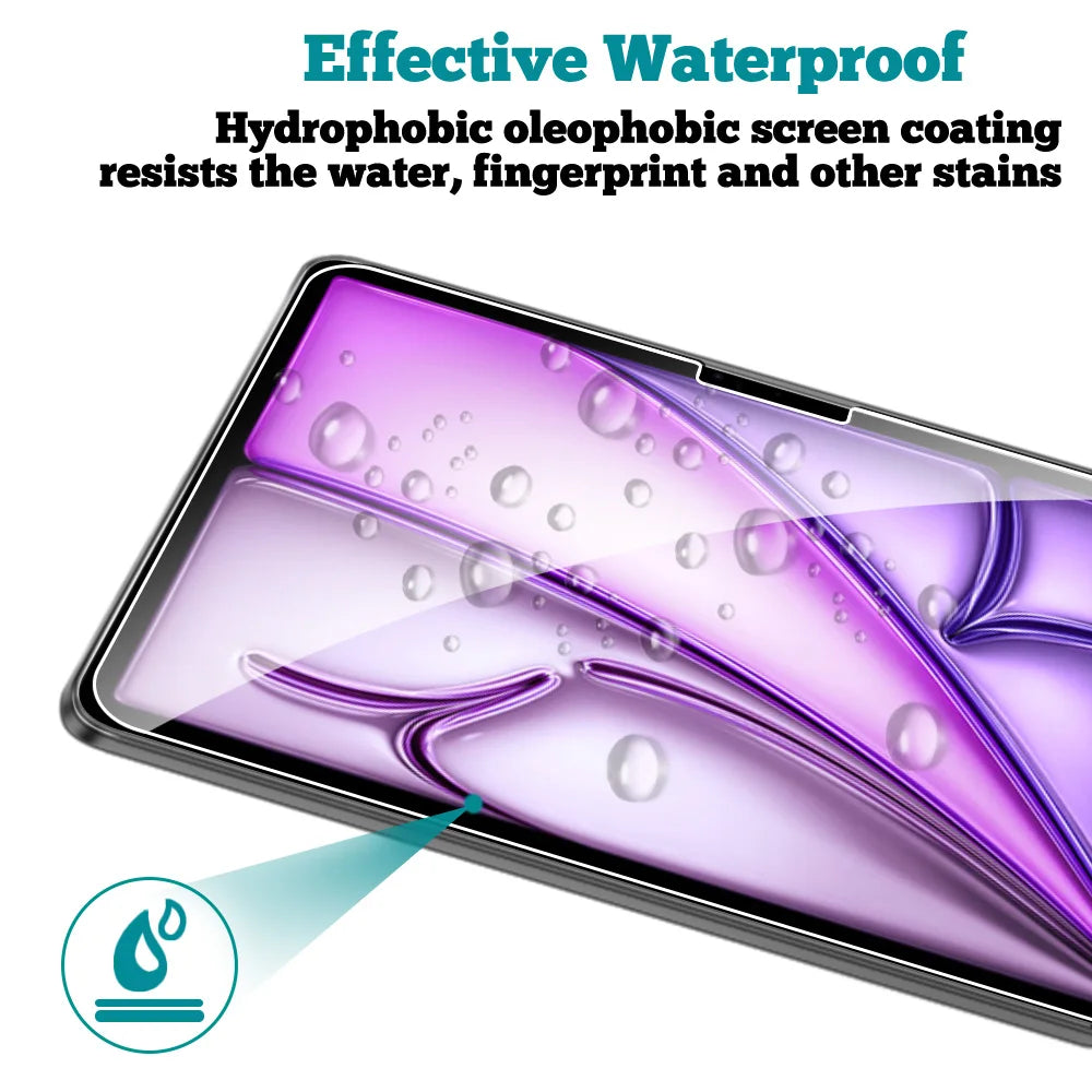 A close-up of a smartphone screen protector demonstrating hydrophobic coating resisting water and fingerprints.