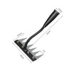 A black garden hand rake with a long, flexible handle and a flat base for digging.