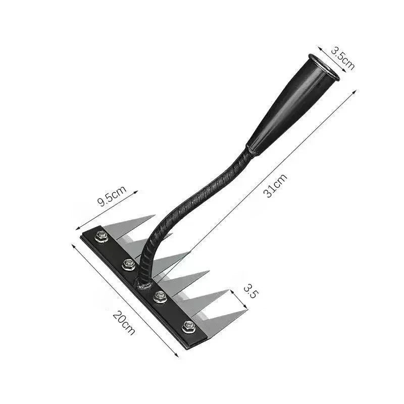 A black garden hand rake with a long, flexible handle and a flat base for digging.