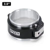 A black heavy-duty aluminum V-band clamp and flange assembly with a clear cylindrical component.