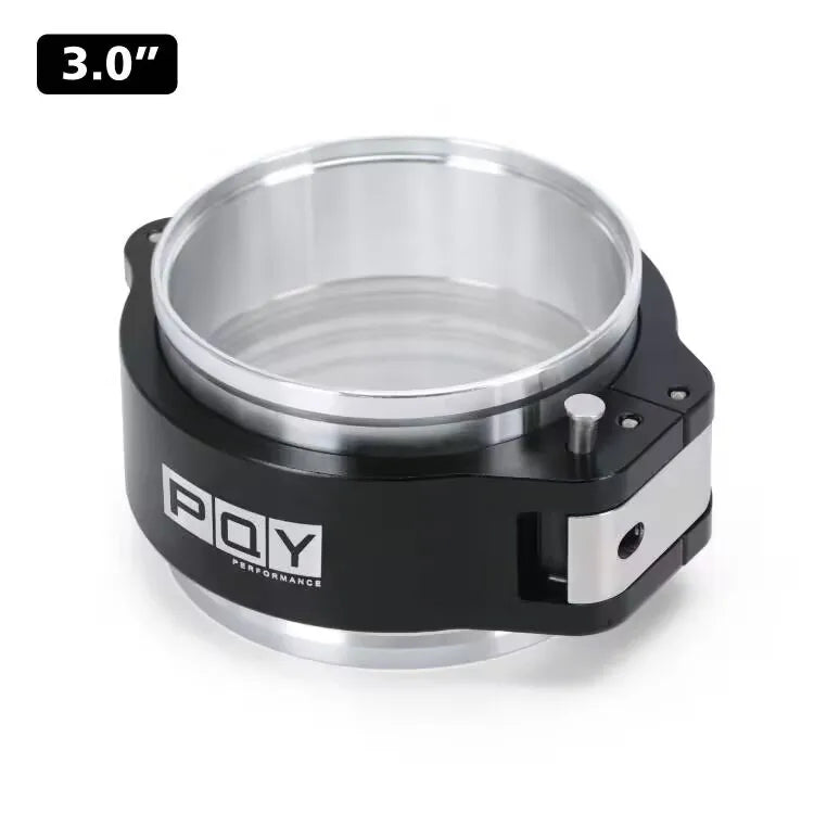 A black heavy-duty aluminum V-band clamp and flange assembly with a clear cylindrical component.