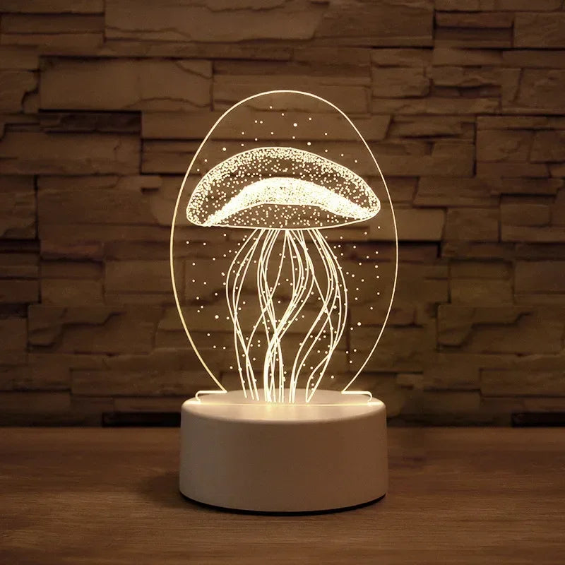 A glowing LED night light lamp shaped like a mushroom with illuminated roots on a white base.