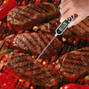 A hand uses a digital food thermometer to measure the internal temperature of grilled steak on a barbecue grill.