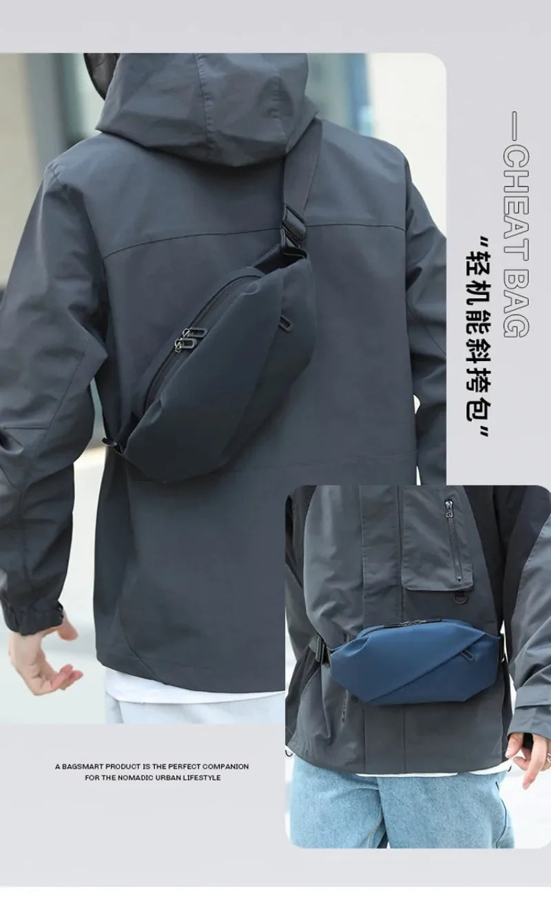 A dark gray waterproof jacket with a black waist pack worn by a person.
