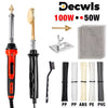A set of Decwls hot stapler irons including a red iron, a gold tool, and various plastic and leather repair needles.