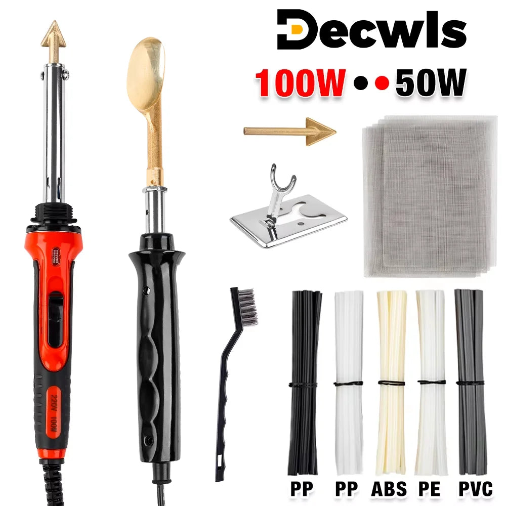 A set of Decwls hot stapler irons including a red iron, a gold tool, and various plastic and leather repair needles.