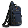 Navy blue multifunctional chest bag with black straps and orange accents