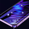 Close-up of a smartphone screen coated with an electroplating finish, showing vibrant blue light and water droplets.