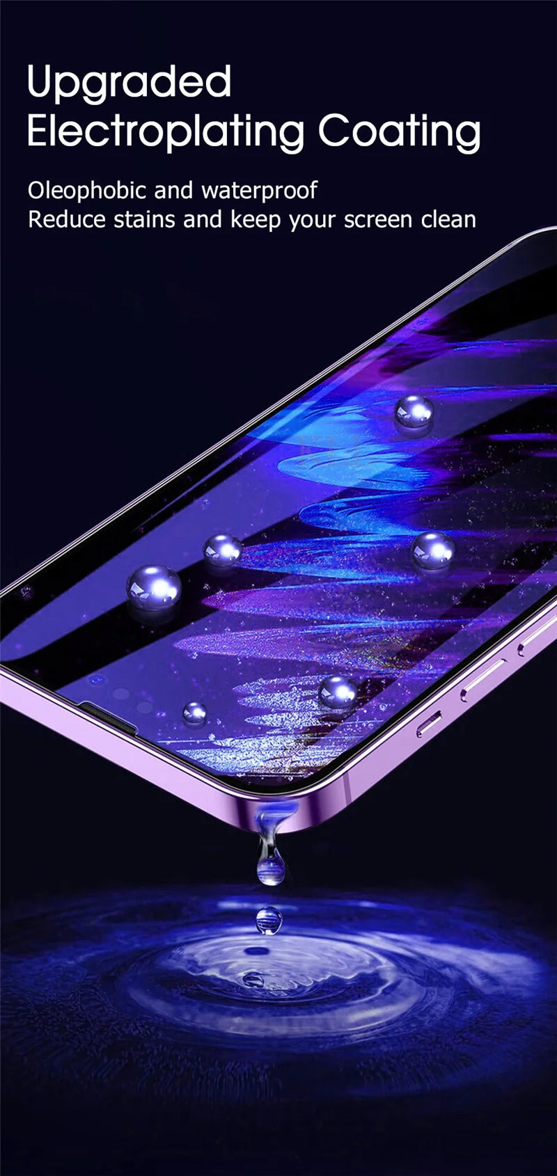 Close-up of a smartphone screen coated with an electroplating finish, showing vibrant blue light and water droplets.