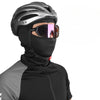 A person wearing a black windproof full face balaclava and dark sunglasses, looking forward.