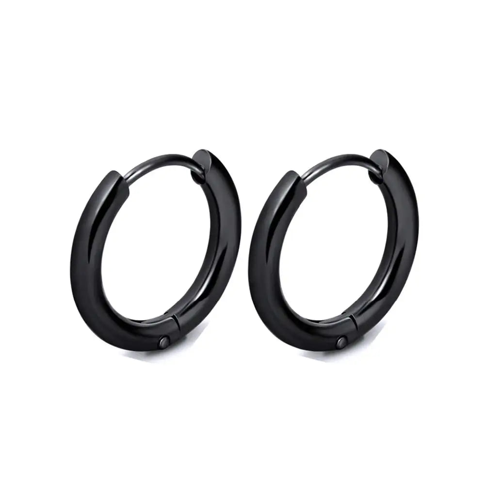 A pair of classic stainless steel hoop earrings displayed against a white background.