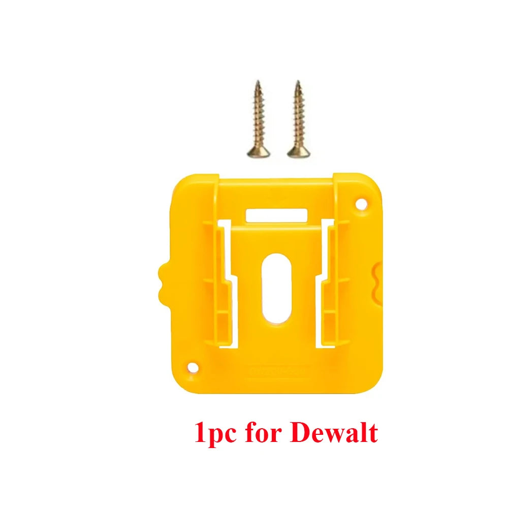 Yellow wall mount battery holder for Dewalt 20V DCB200 and DCB203 batteries with two screws.