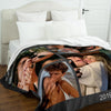 A custom photo blanket featuring collage of candid photos of people.