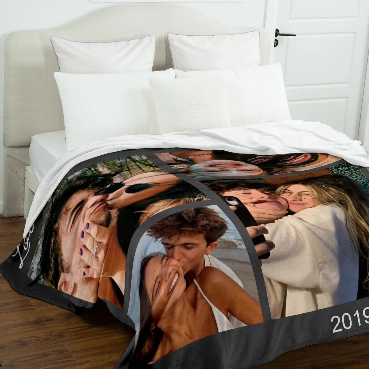 A custom photo blanket featuring collage of candid photos of people.