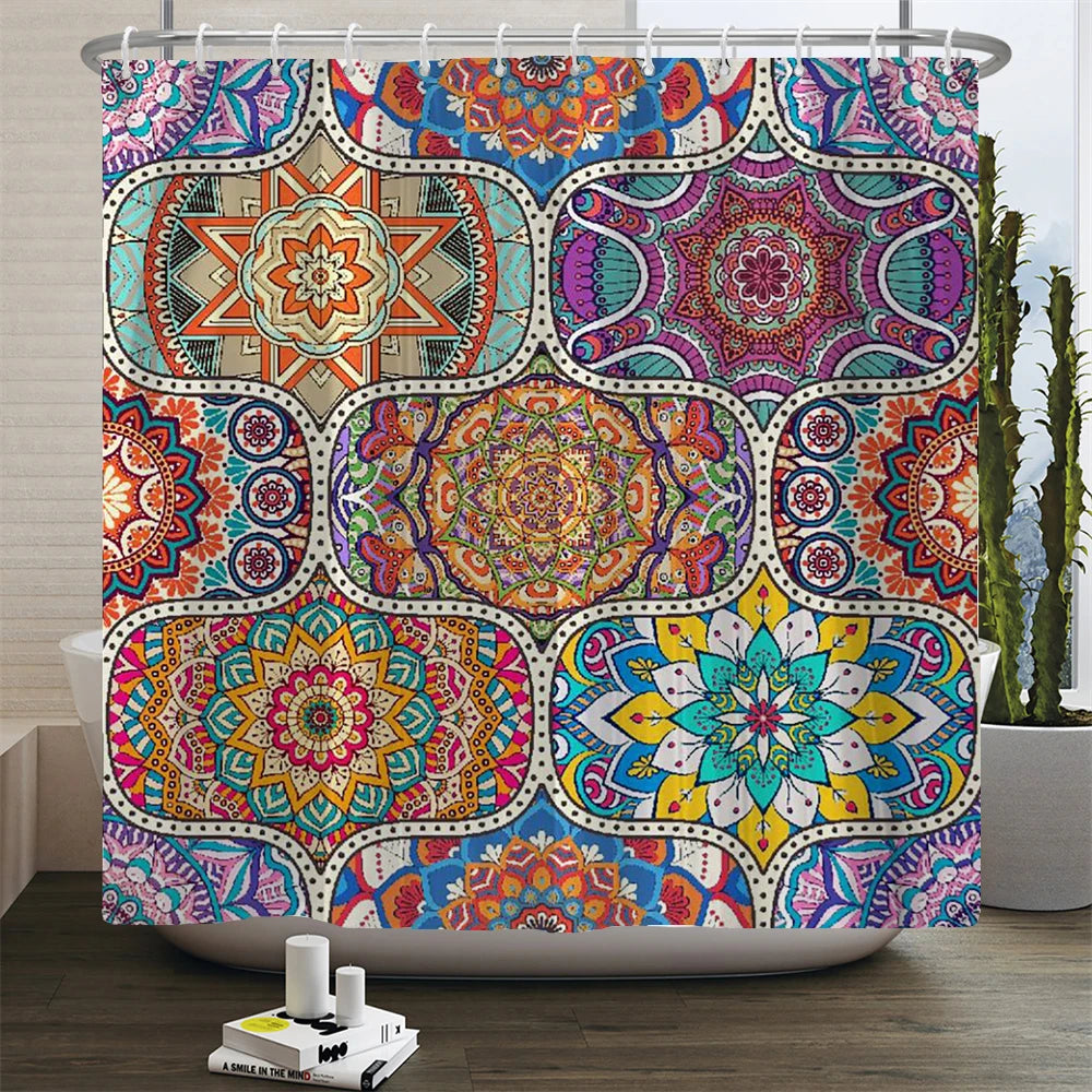Mandala Boho Shower Curtain with Floral Print