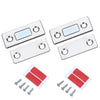 Two silver magnetic door catches with a clear plastic insert and mounting holes for cabinet closures