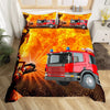 A vibrant bedding set featuring a firefighter theme with red fire engine vehicles and flames.