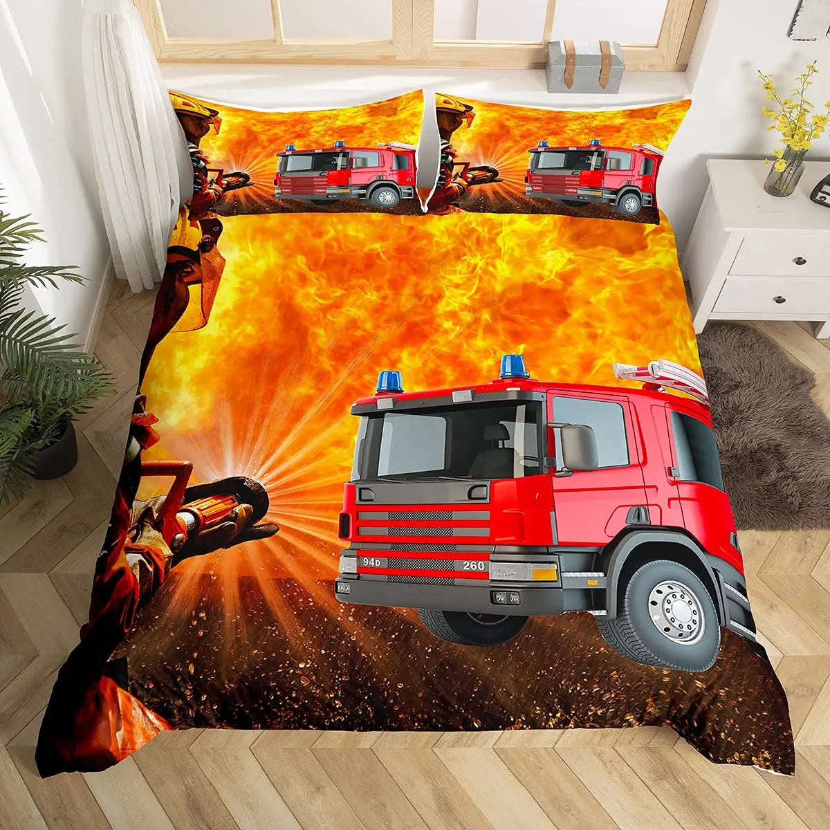 A vibrant bedding set featuring a firefighter theme with red fire engine vehicles and flames.