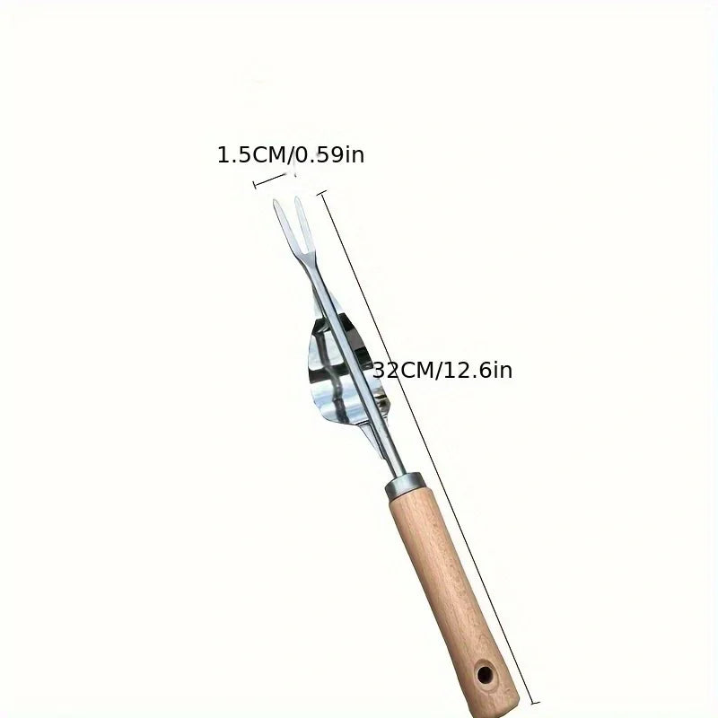 Stainless steel garden weeder with a long blade and wooden handle, shown in profile.