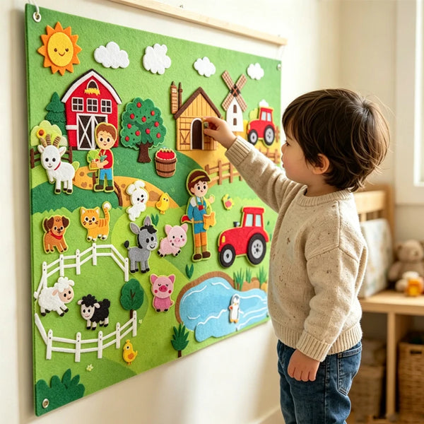 A felt story board depicting various farm animals and buildings like a barn and tractor.