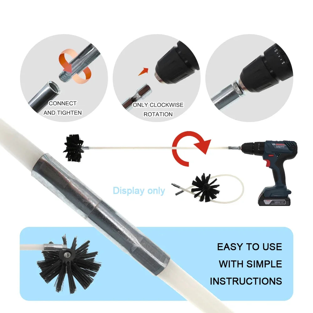 A flexible chimney and dryer vent cleaning brush kit with various attachments shown for easy cleaning.