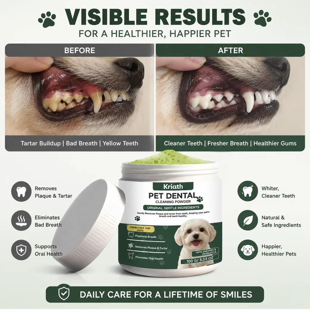 Jar of Kriath Pet Dental Cleaning Powder for fresh breath and oral health with before and after results shown
