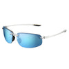Rimless polarized sports sunglasses with a light blue lens and silver frame
