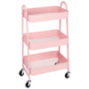 A pink 3-tier rolling metal storage cart with wire baskets and lockable wheels.
