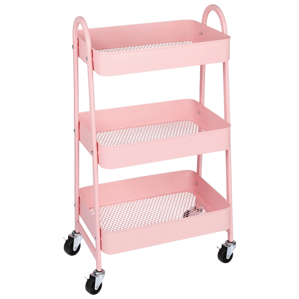 A pink 3-tier rolling metal storage cart with wire baskets and lockable wheels.