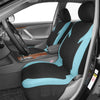 Black and light blue honeycomb mesh car seat covers installed in a vehicle interior.