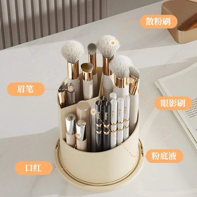 A beige rotating makeup brush organizer with a lid, holding various makeup brushes and tools.