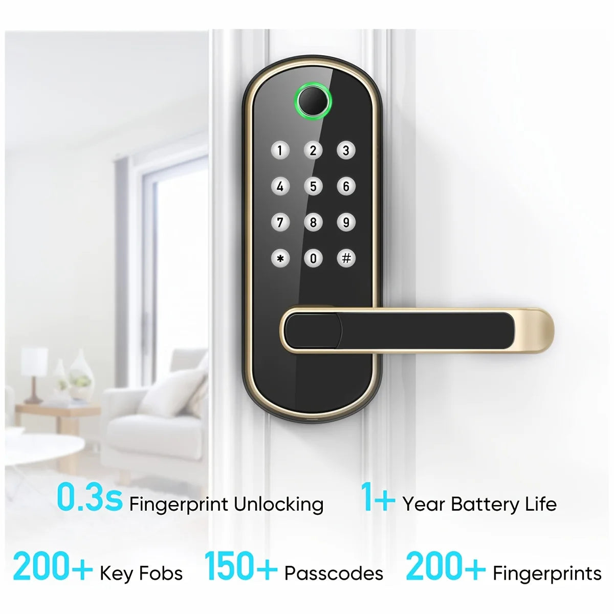 A black smart fingerprint door lock with a gold finish and a rectangular handle, showing various features like key fobs, pass