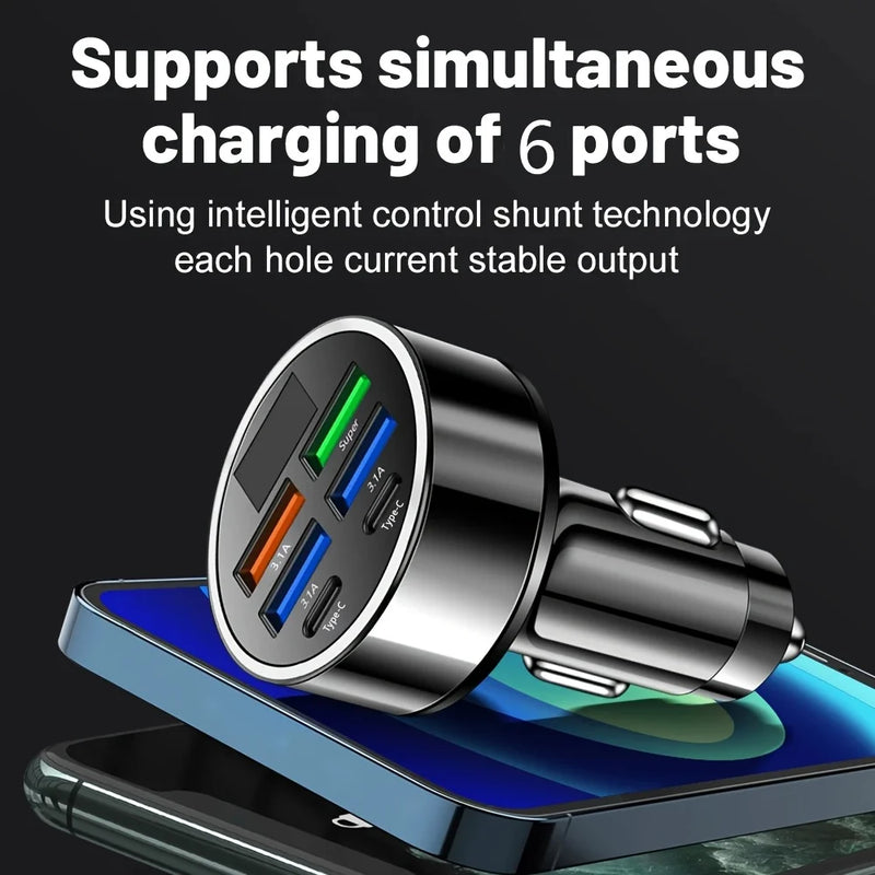 6-in-1 Fast Charging Car Adapter with Digital Display