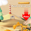 A yellow push-play excavator and bulldozer construction vehicle set is shown being pushed into a ramp to drive a car.