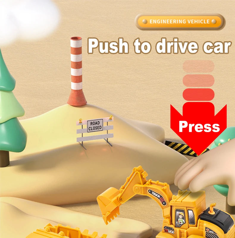 A yellow push-play excavator and bulldozer construction vehicle set is shown being pushed into a ramp to drive a car.