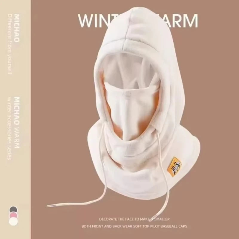 White winter balaclava with a hood and mask designed for warmth.