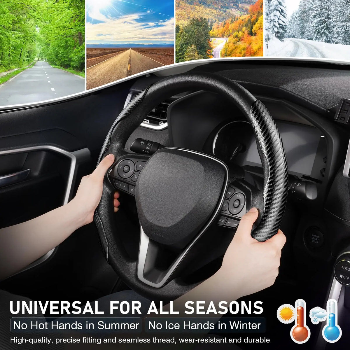 Black carbon fiber pattern steering wheel cover with anti-slip grip shown inside a car