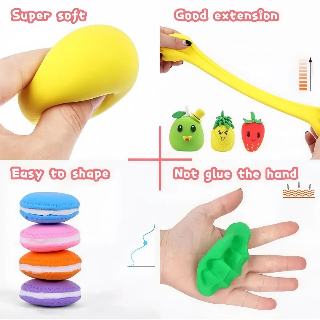A set of colorful air dry clay modeling tools and clay pieces for kids, demonstrating easy shaping and good extension.