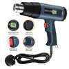 A black digital heat gun with an adjustable temperature setting and LCD display, shown with its power cord.