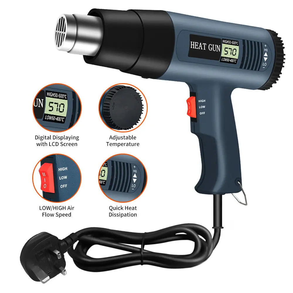 A black digital heat gun with an adjustable temperature setting and LCD display, shown with its power cord.