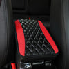 Black and red quilted PU car armrest cover with storage pad shown in a vehicle interior.
