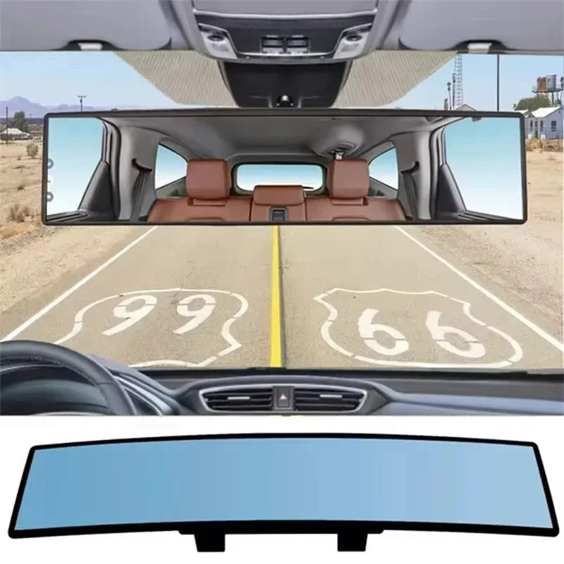Wide angle convex car interior rear view mirror showing the dashboard and front seats.