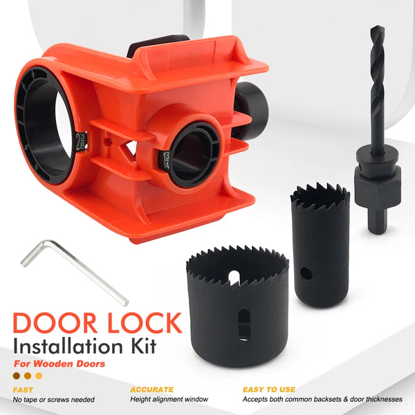 Kit d'installation de serrure de porte orange pour portes en bois, incluant une serrure à boule et divers outils