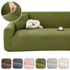 Various shades of olive green stretch jacquard sofa covers shown with a close-up of the fabric texture.