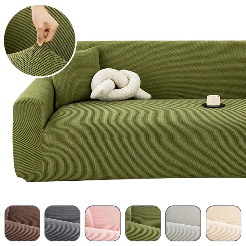 Various shades of olive green stretch jacquard sofa covers shown with a close-up of the fabric texture.