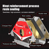 Magnetic riveting process resin sealing equipment showing double rivets and thickened steel plates.
