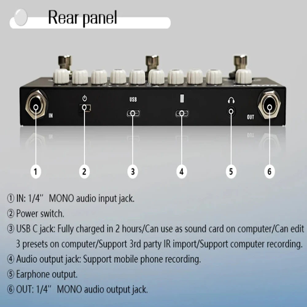Rear panel of a black electronic device showing various audio and power input/output jacks and switches.