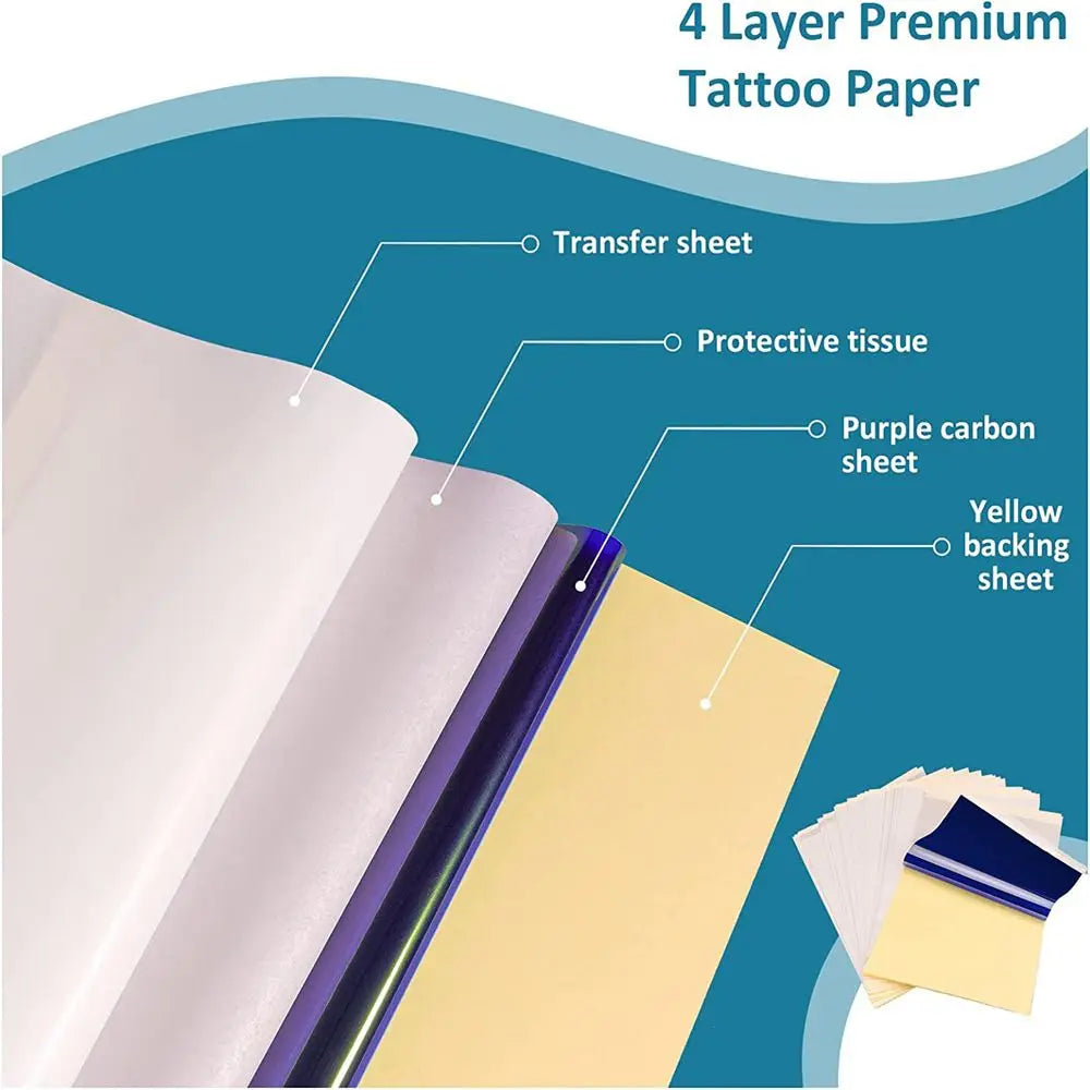A stack of 4 layer premium tattoo paper includes transfer sheet, protective tissue, purple carbon sheet, and yellow backing s